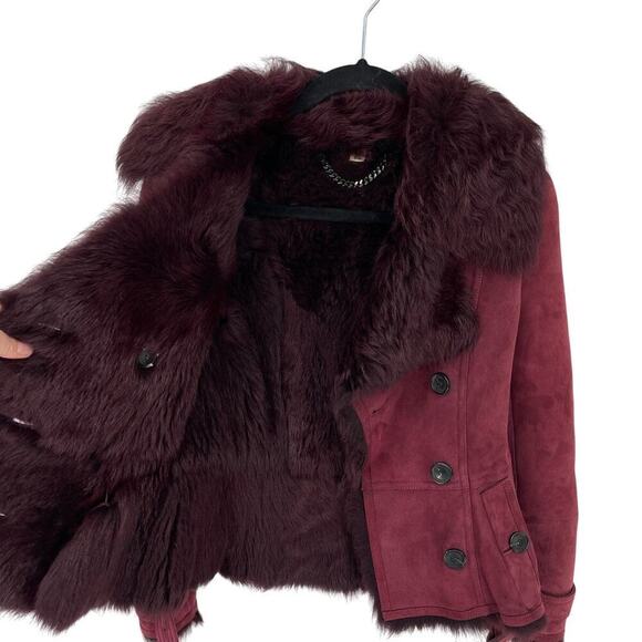 Burberry Burgundy Suede Shearling Haddingcroft Double Breasted Jacket US size 2 - Picture 5 of 16